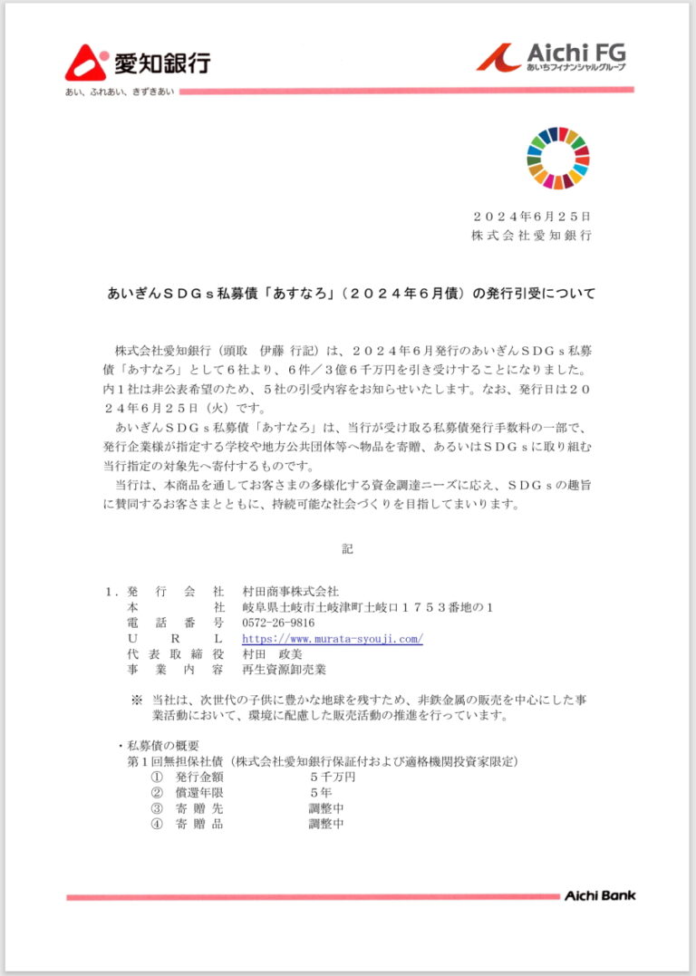 企業の社会的責任に関する報告文書の表紙と本文の一部、愛知銀行の発行リリース